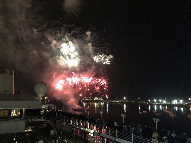 Fire works on Azamara Pursuit during her launch
