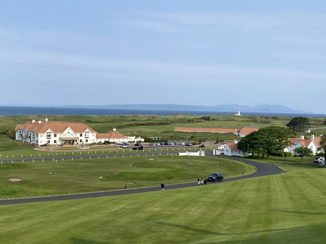 View from Turnberry Hotel overlooking club house and 18 hole chip and putt!