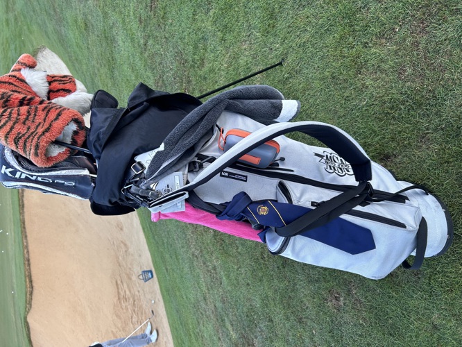 My Bag with my late friends 65 year old tie along for the ride at the NZ Open